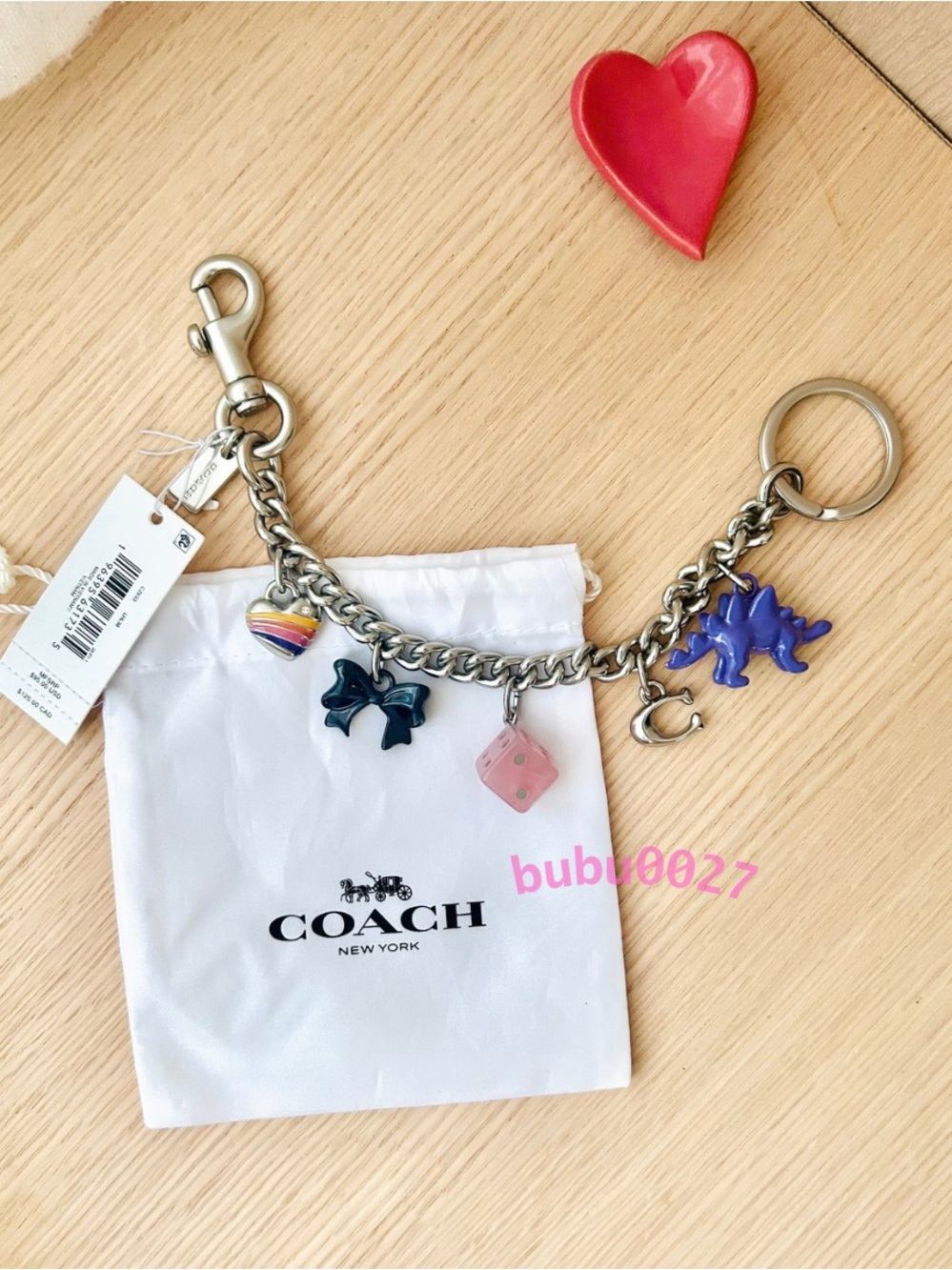 NWT🦖Coach Motif Chain Bag Charm CZ633 Playful Bow Heart Colorful Silver Key Ring - Picture 2 of 4